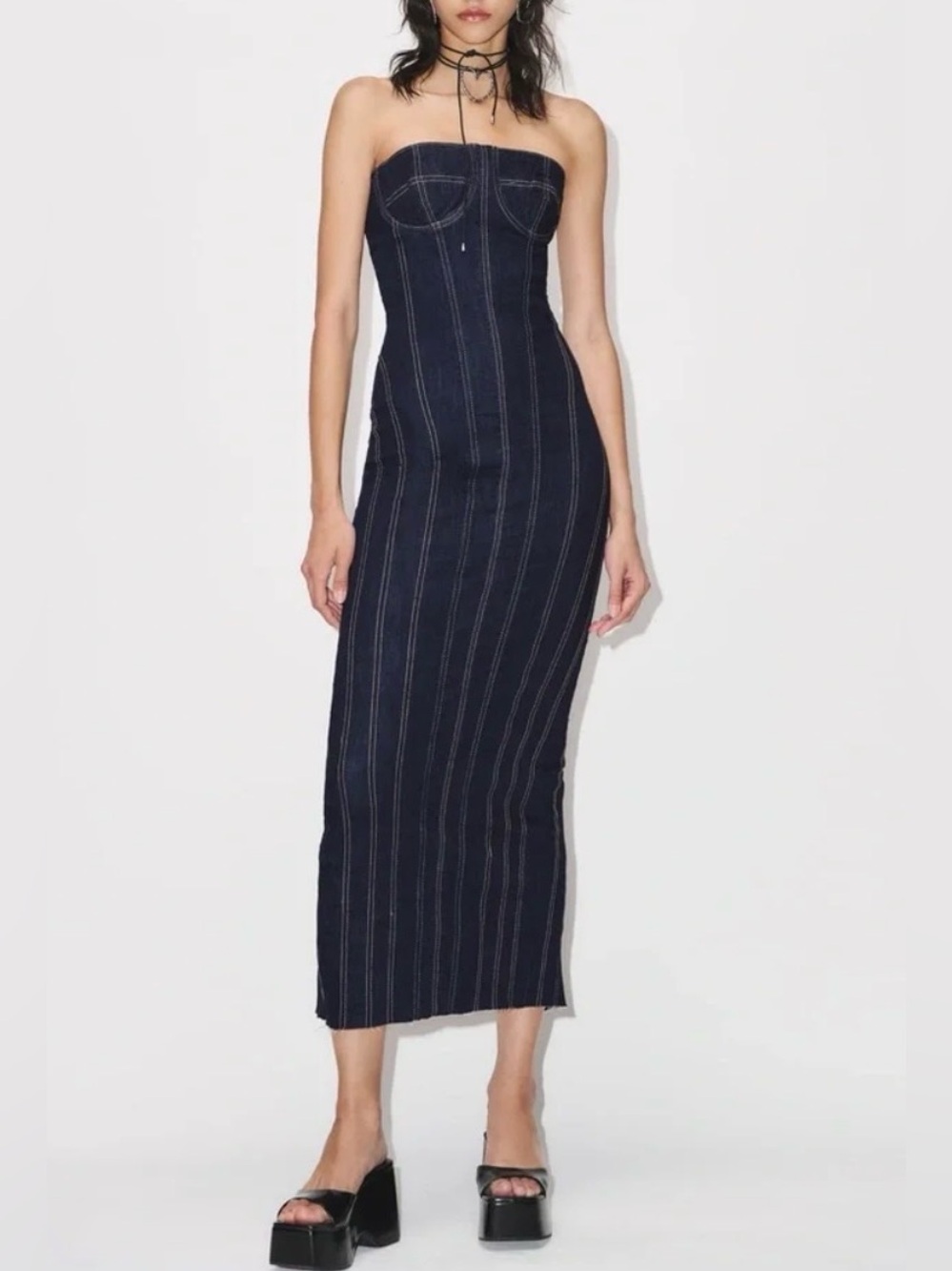 Zara Women XS Strapless Denim Corset Midi Dress Dark Wash Bodycon Blue